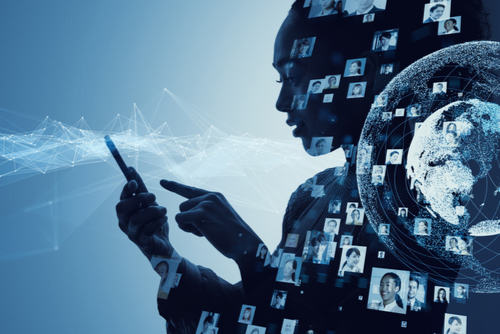 Graphics of a globe surrounded by photos of diverse people are superimposed of a profile of a woman using a phone.