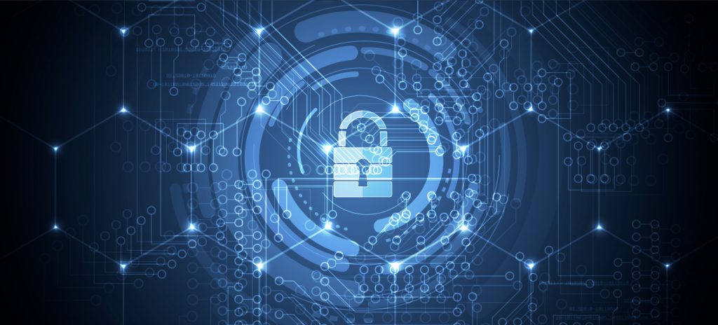 Digital graphic of a blue padlock is surrounded by blue-lit circles. 